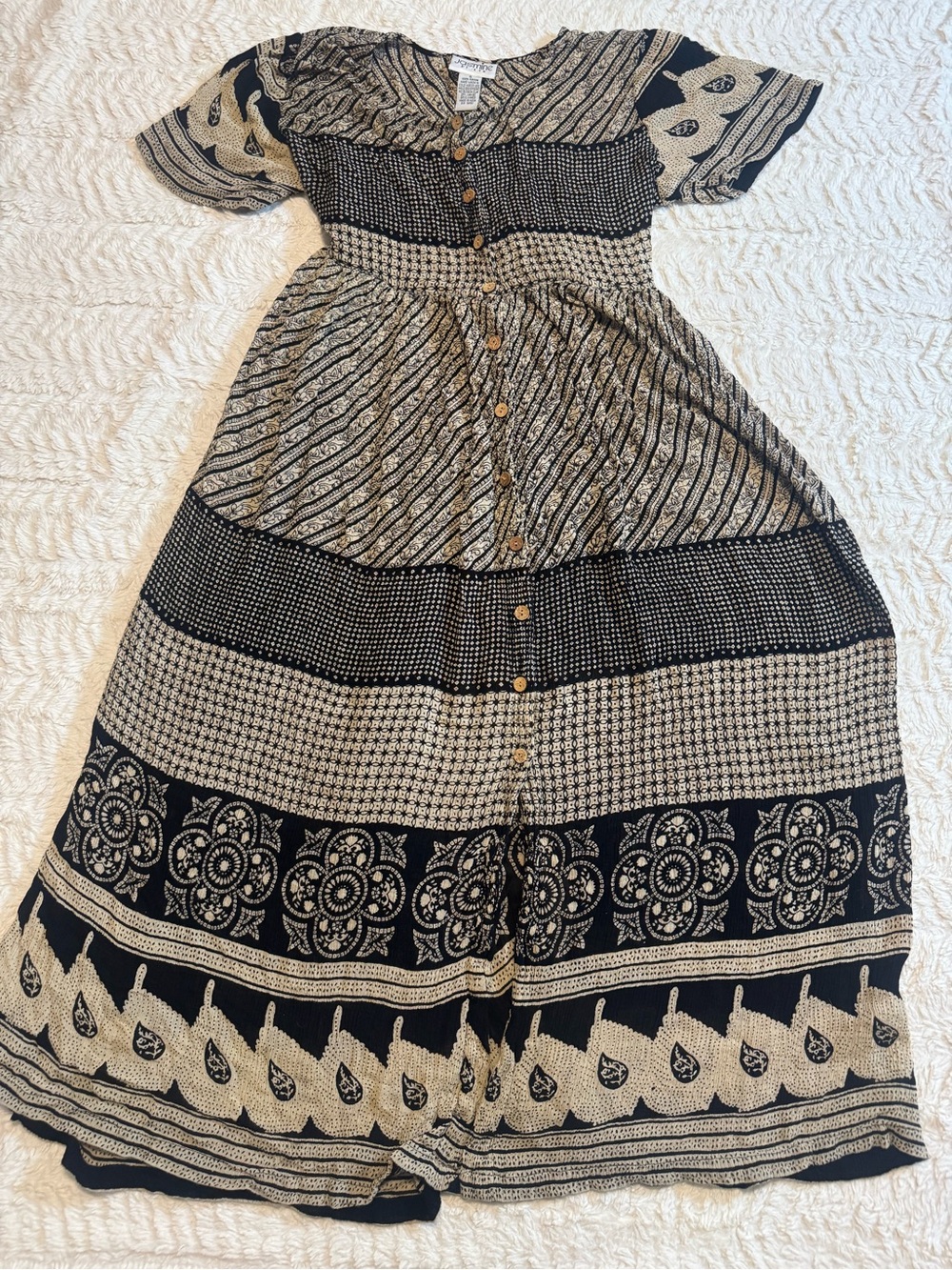 Vintage Jasmine by KBM 90s Earth Tone Boho Maxi Dress Mixed Print Rayon small